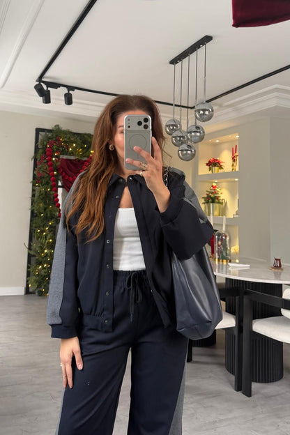 Navy blue Bomber jacket with grey line details,waistband straight leg trouser co-ord set