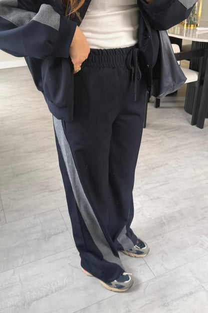 Navy blue Bomber jacket with grey line details,waistband straight leg trouser co-ord set