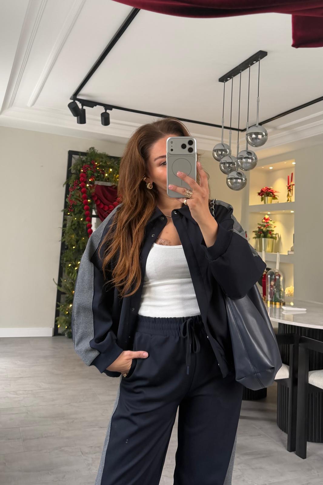 Navy blue Bomber jacket with grey line details,waistband straight leg trouser co-ord set
