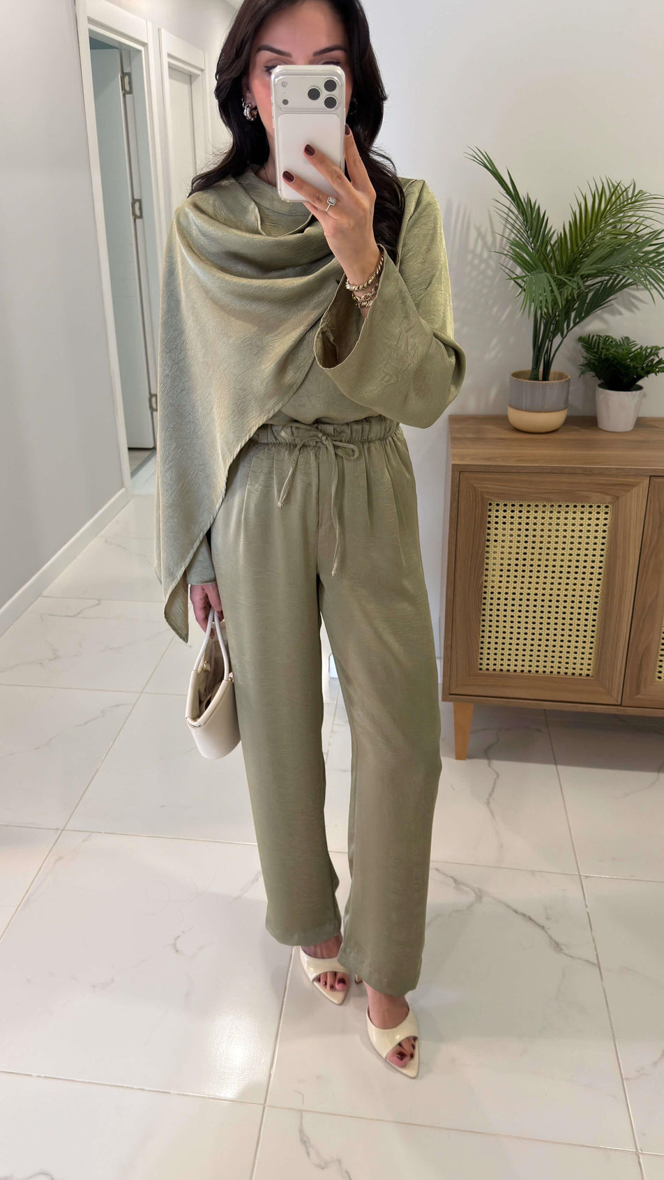 Miossa green Satin Shawl Blouse and Pants Set