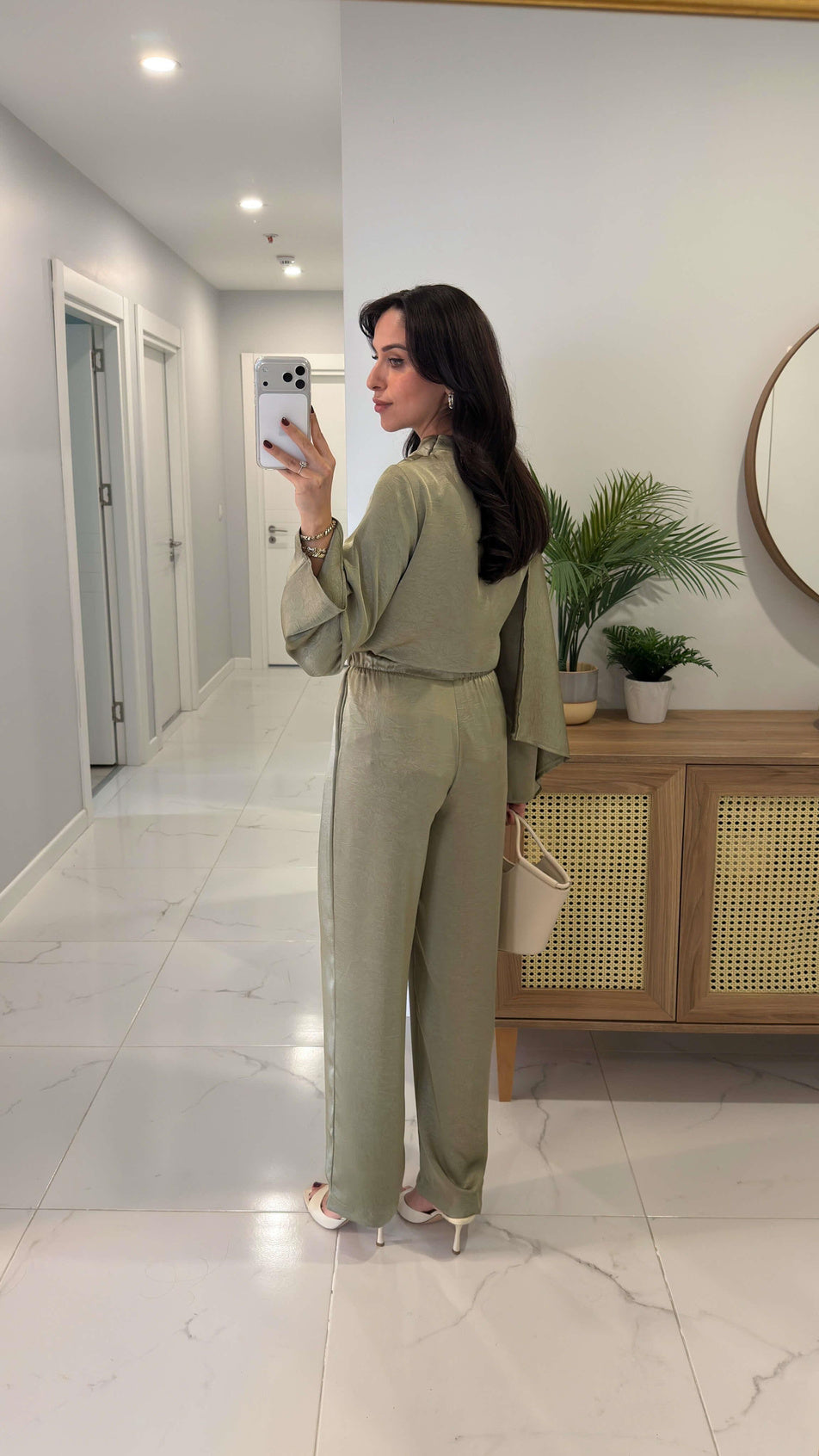 Miossa green Satin Shawl Blouse and Pants Set