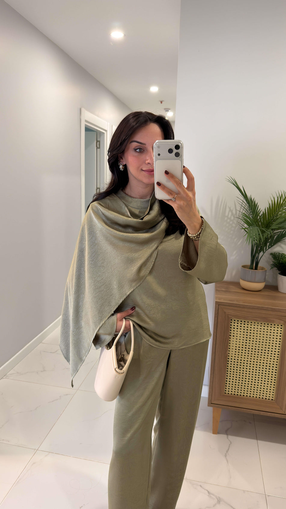 Miossa green Satin Shawl Blouse and Pants Set