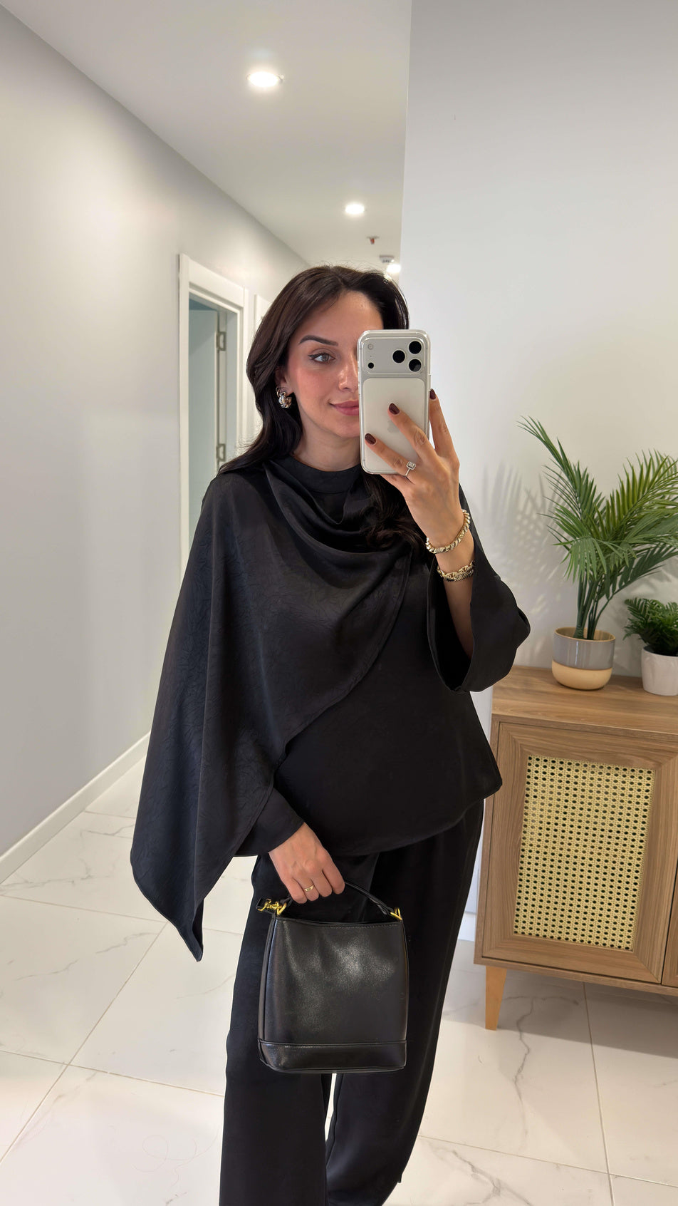 Miossa Black Satin Shawl Blouse and Pants Set