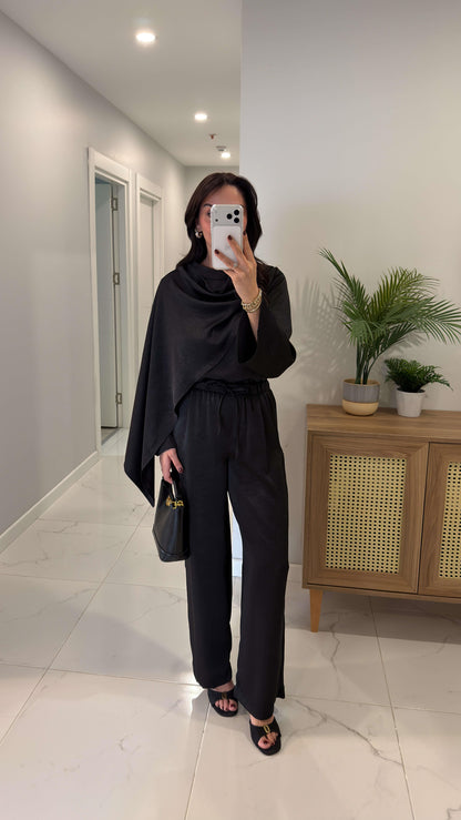 Miossa Black Satin Shawl Blouse and Pants Set