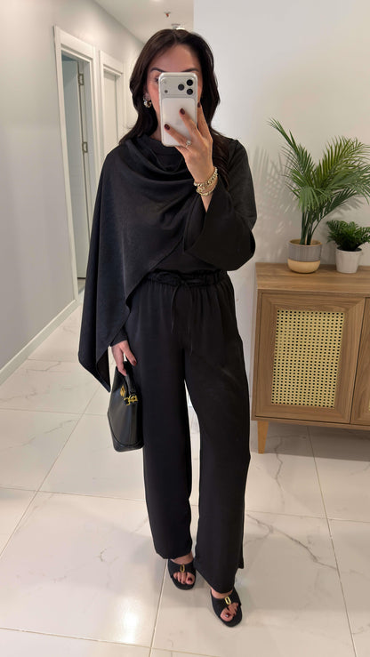 Miossa Black Satin Shawl Blouse and Pants Set