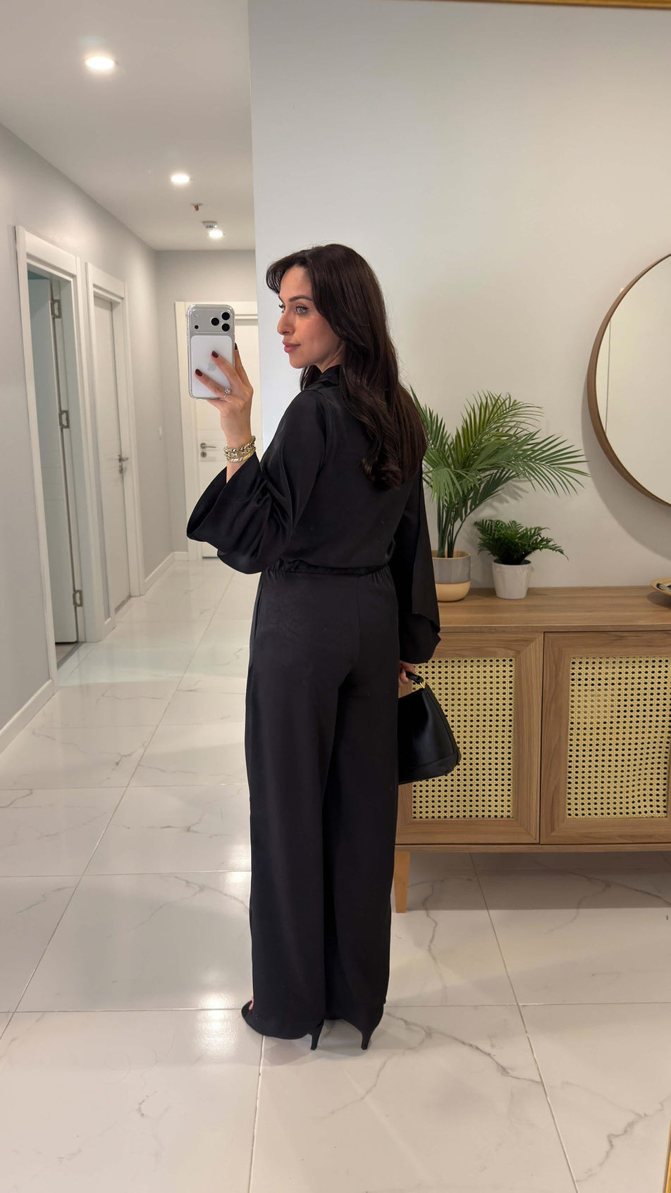Miossa Black Satin Shawl Blouse and Pants Set