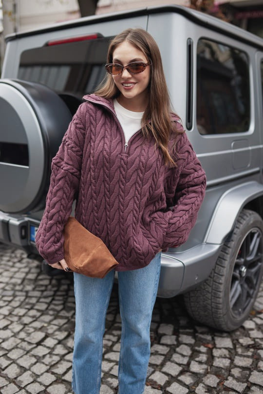 Half Zip Knitted Braided Textured Jumper