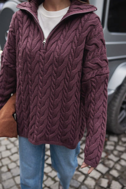 Half Zip Knitted Braided Textured Jumper