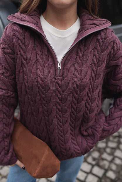 Half Zip Knitted Braided Textured Jumper