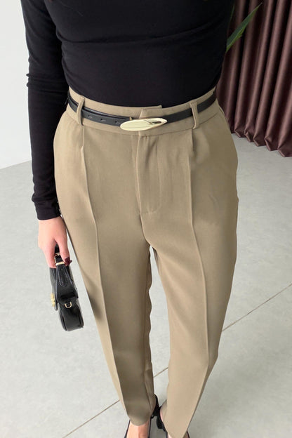 Mora Khaki Crepe Fabric Belted Carrot Pants