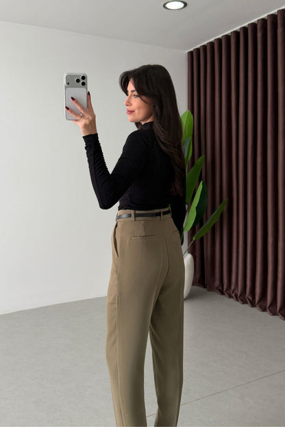 Mora Khaki Crepe Fabric Belted Carrot Pants