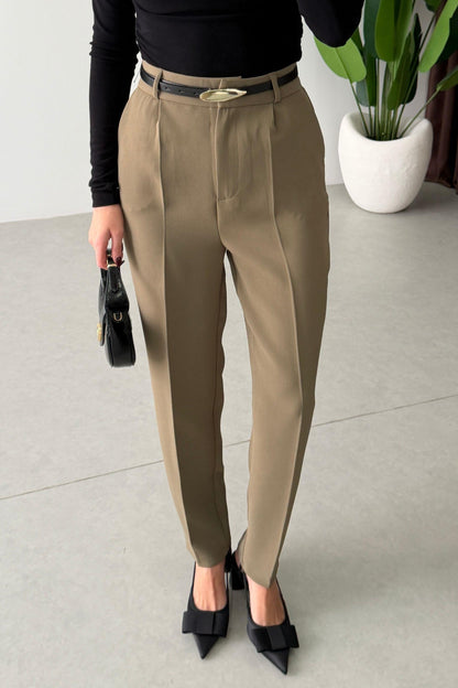 Mora Khaki Crepe Fabric Belted Carrot Pants