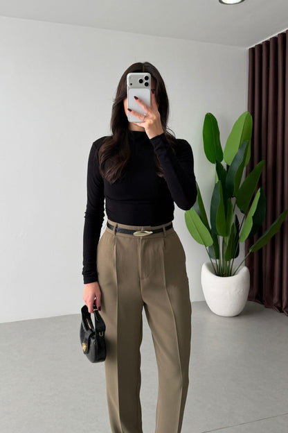 Mora Khaki Crepe Fabric Belted Carrot Pants