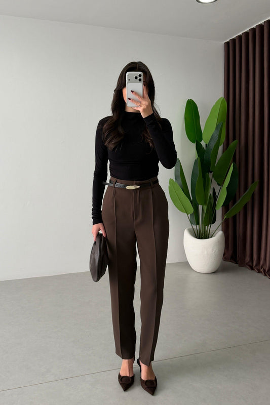 Brown Crepe Fabric Belted Carrot Pants