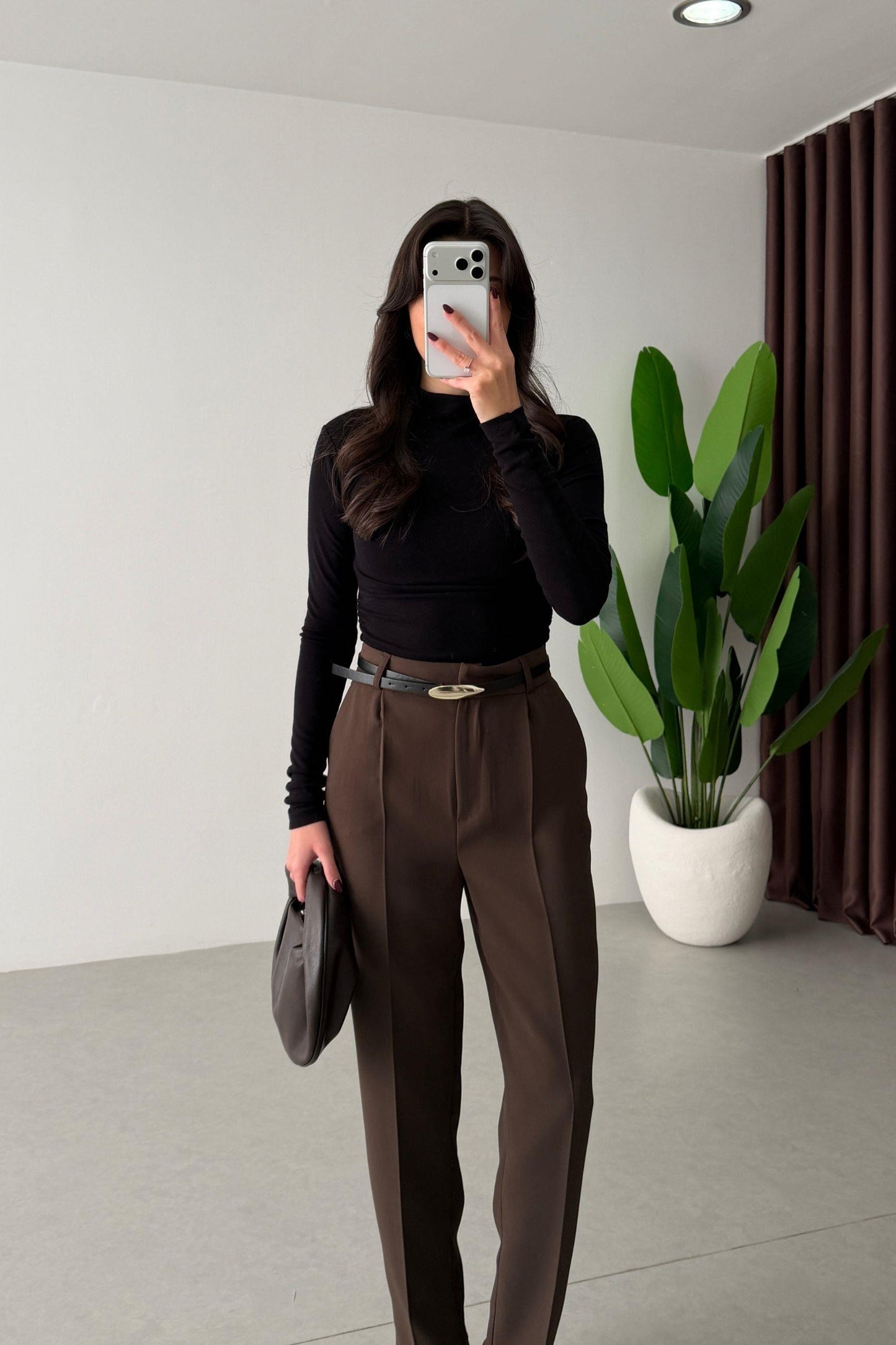 Brown Crepe Fabric Belted Carrot Pants