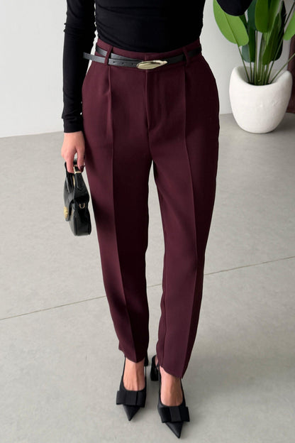 burgundy Crepe Fabric Belted Carrot Pants