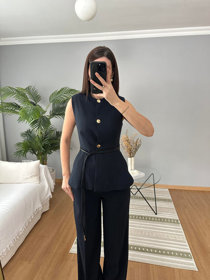 ZR Model striped Navy Belted Vest Set