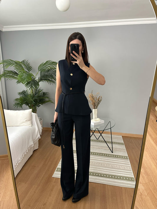 ZR Model striped Navy Belted Vest Set