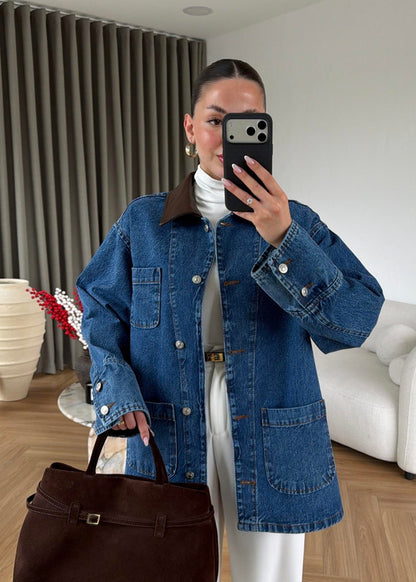 Jeans jacket with leather collar
