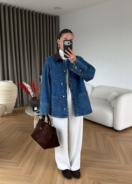 Jeans jacket with leather collar