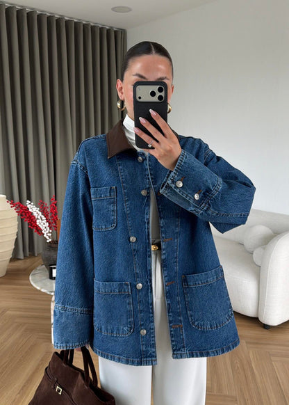 Jeans jacket with leather collar