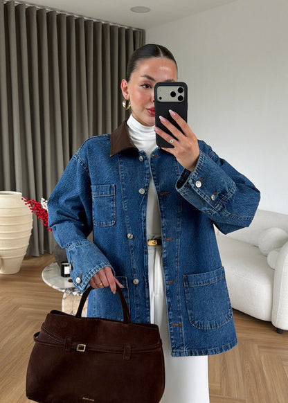Jeans jacket with leather collar