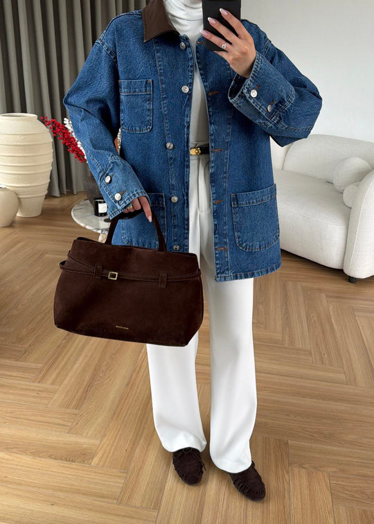 Jeans jacket with leather collar