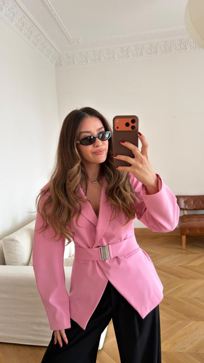 Pink Double-Breasted Jacket with Belt Detail