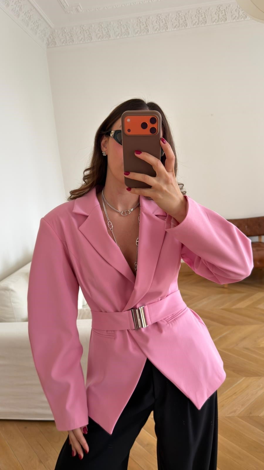 Pink Double-Breasted Jacket with Belt Detail