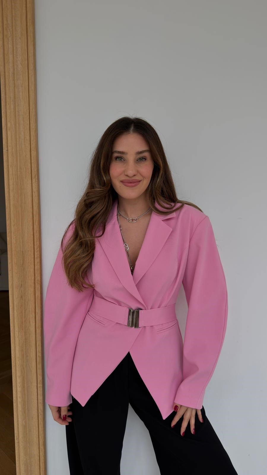 Pink Double-Breasted Jacket with Belt Detail