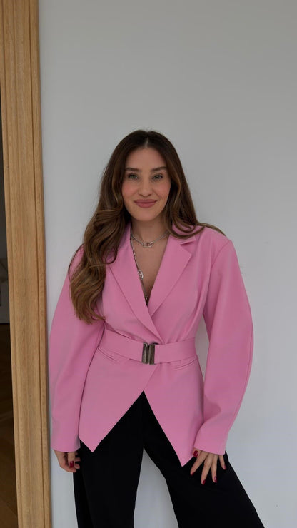 Pink Double-Breasted Jacket with Belt Detail