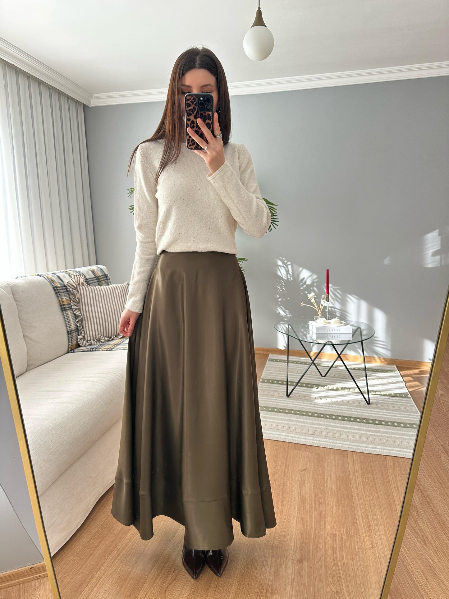 Premium Satin Textured Olive Green Skirt