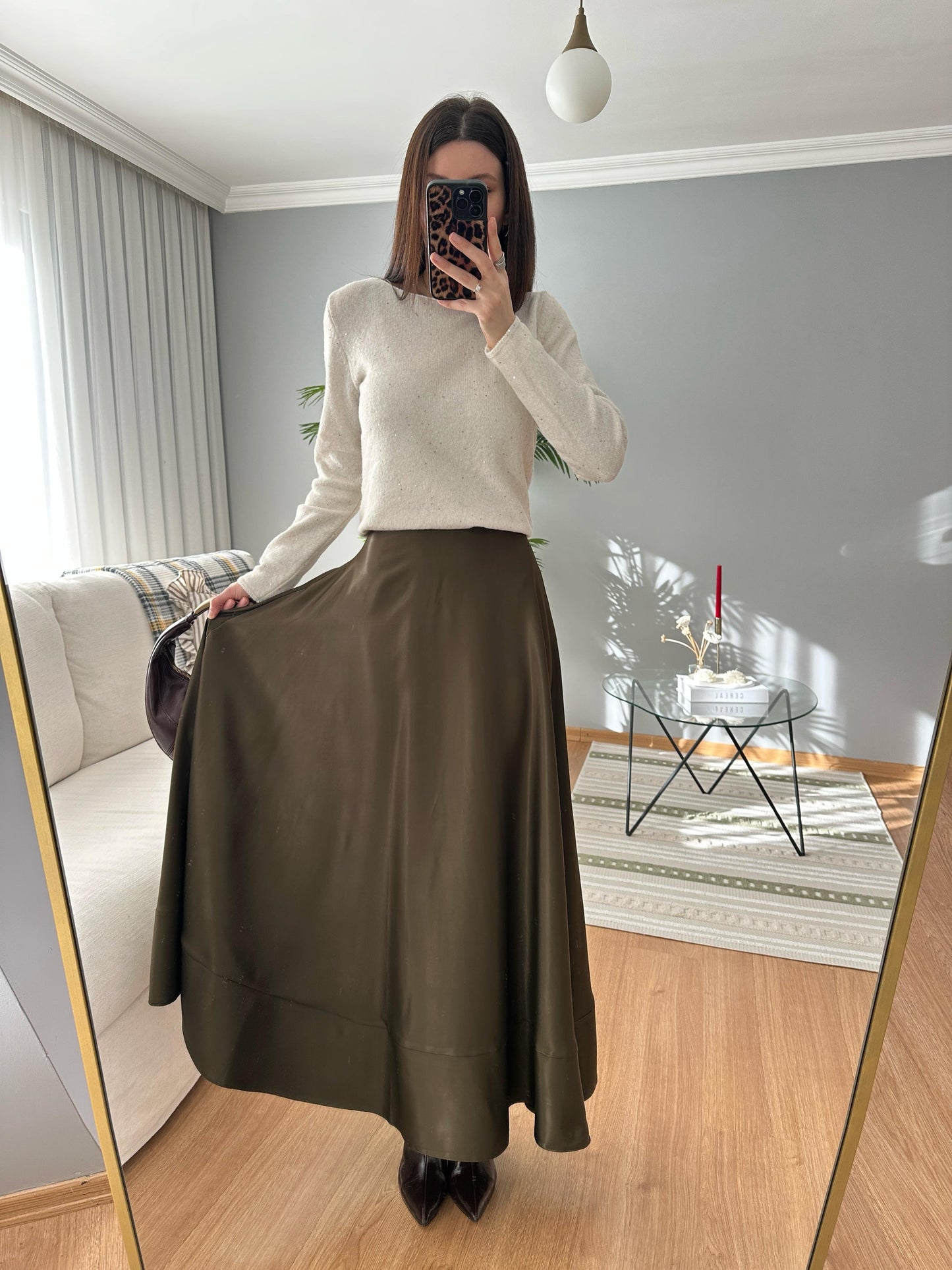 Premium Satin Textured Olive Green Skirt