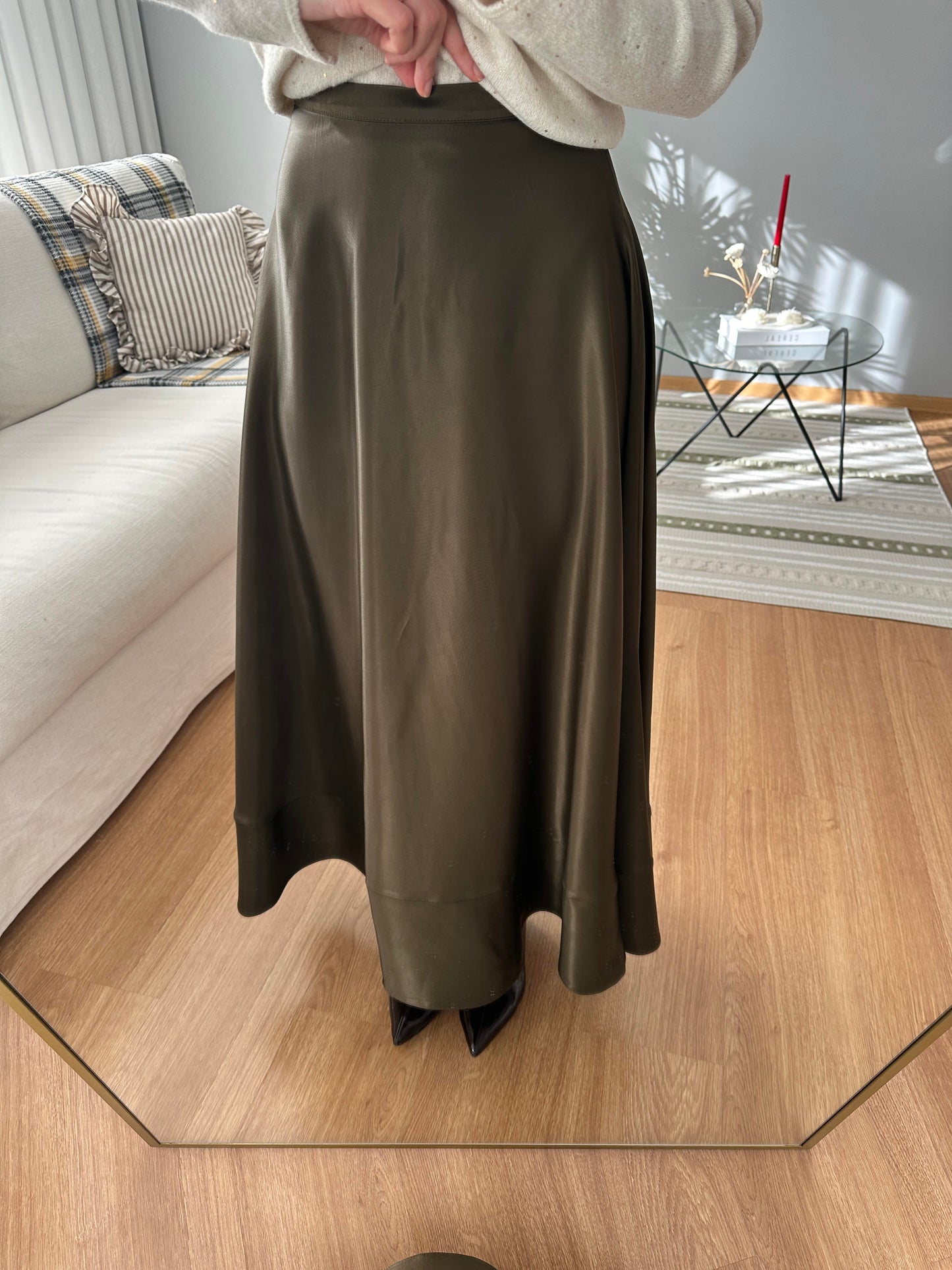 Premium Satin Textured Olive Green Skirt