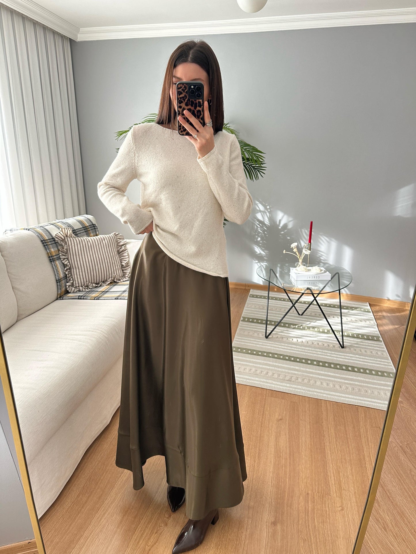 Premium Satin Textured Olive Green Skirt