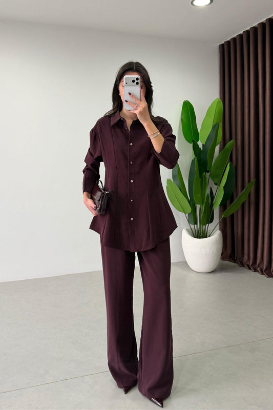 Renza Plum Waist-Fit shirt and Trousers Set