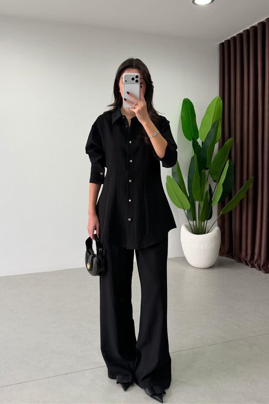 Renza black Waist-Fit shirt and Trousers Set