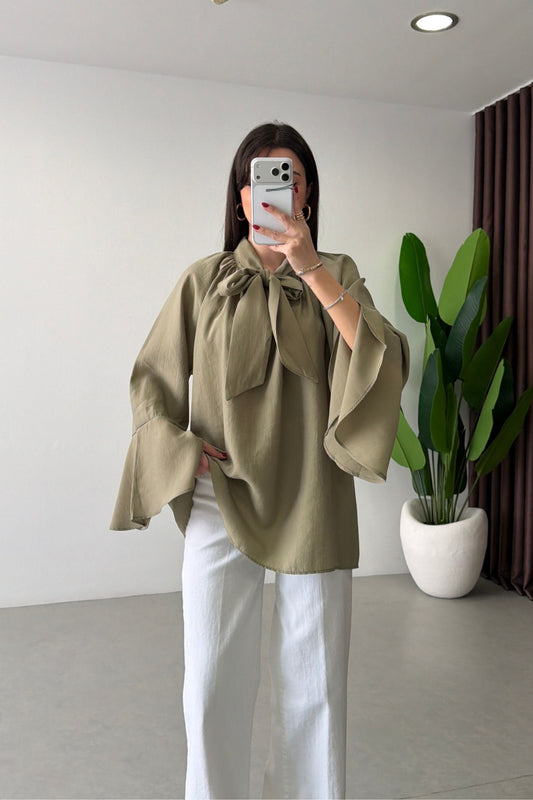 Bow-Neck Bell Sleeve Blouse