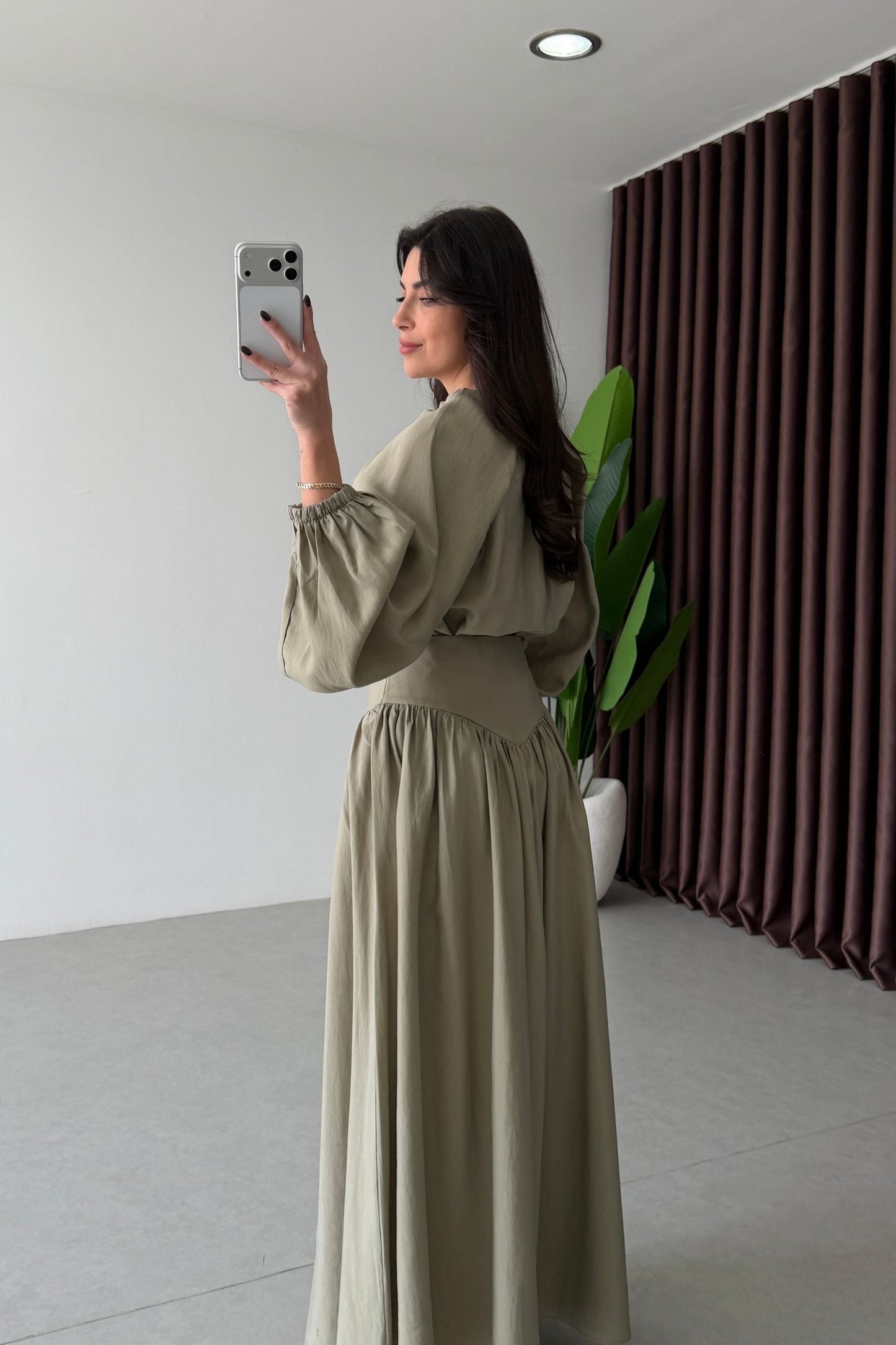 Designer Blouse waist detailed  Skirt Set -olive green