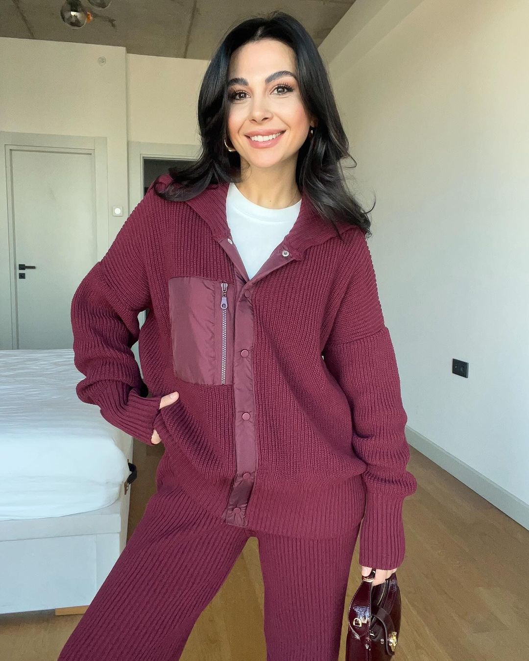 Premium burgundy Knitted Set With Waterproof Details