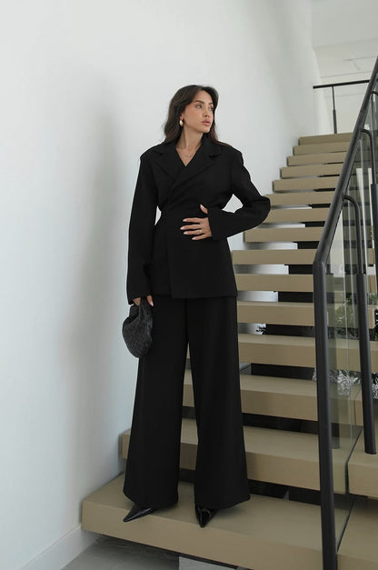 Black Elegance lace-up Wrap jacket with straight-leg trouser suit