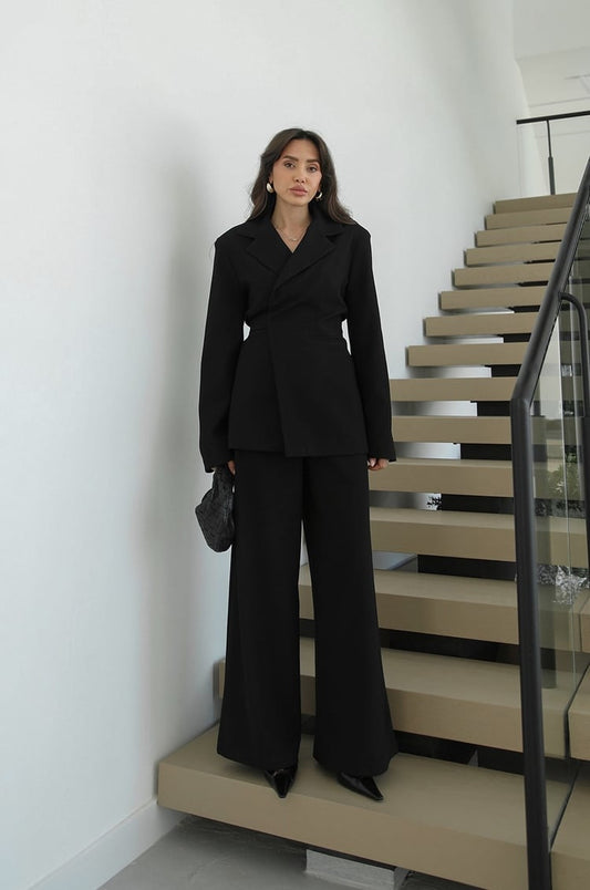 Black Elegance lace-up Wrap jacket with straight-leg trouser suit