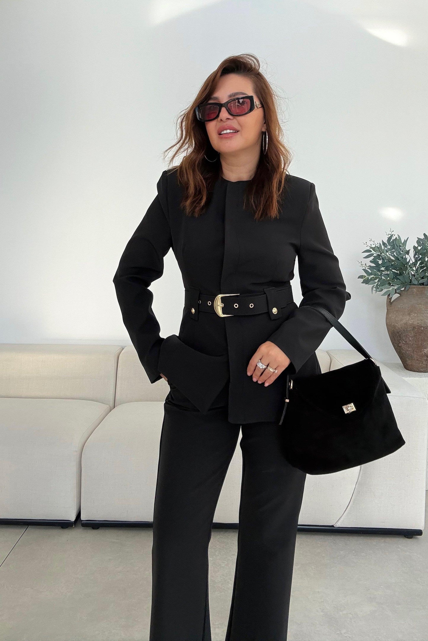 Belted blazer,straight leg trouser co-ord suit