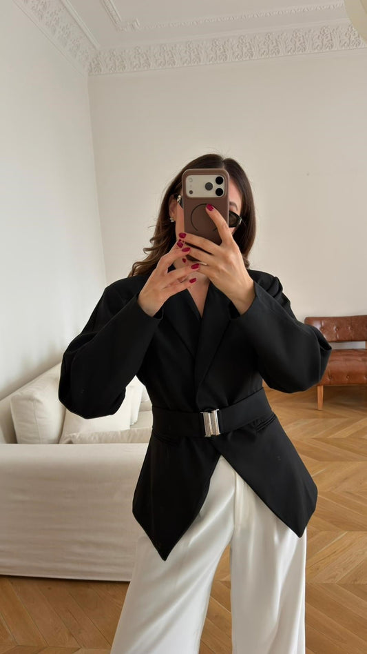 Black Double-Breasted Jacket with Belt Detail