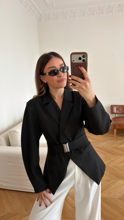 Black Double-Breasted Jacket with Belt Detail