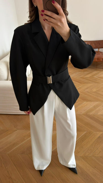 Black Double-Breasted Jacket with Belt Detail