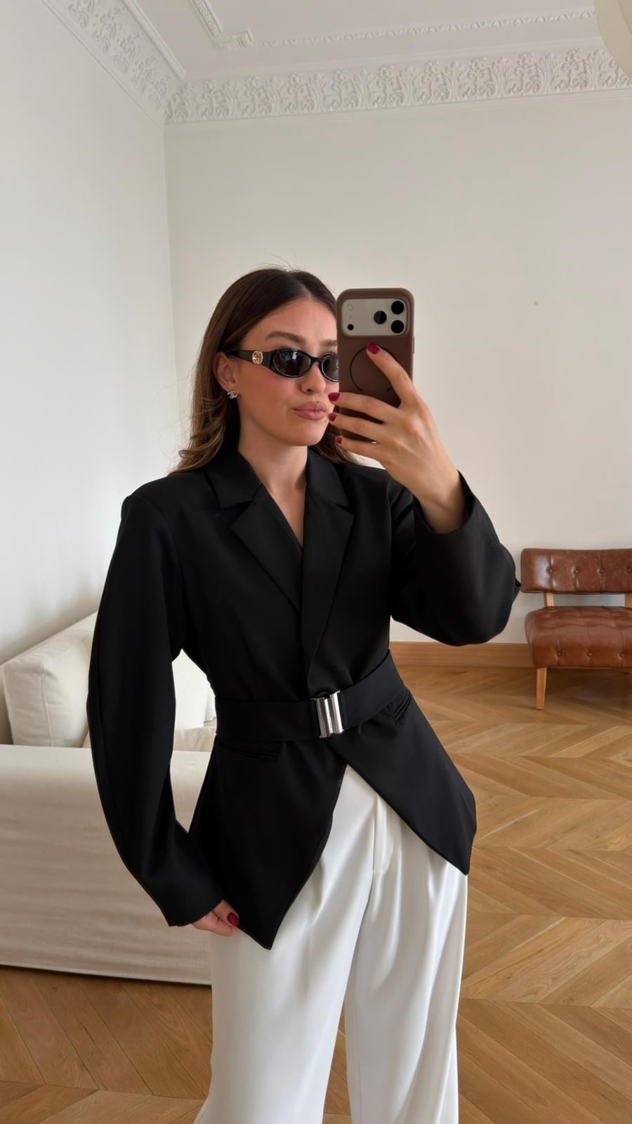 Black Double-Breasted Jacket with Belt Detail