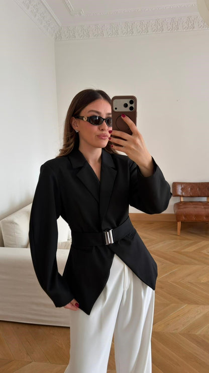 Black Double-Breasted Jacket with Belt Detail