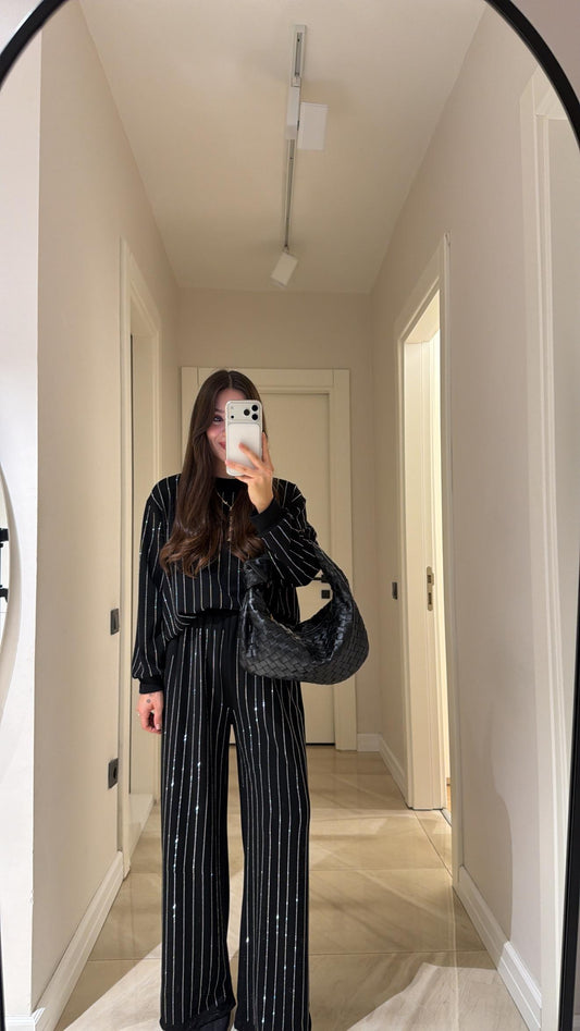 Black Stone oysho fabric Embellished Sweatshirt and Pants Set