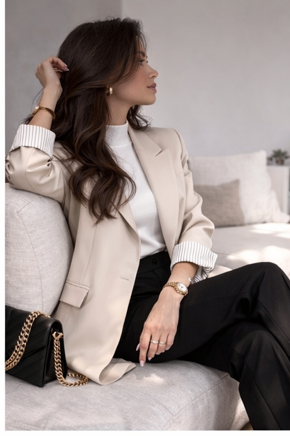 Oversized blazer with striped lining-beige